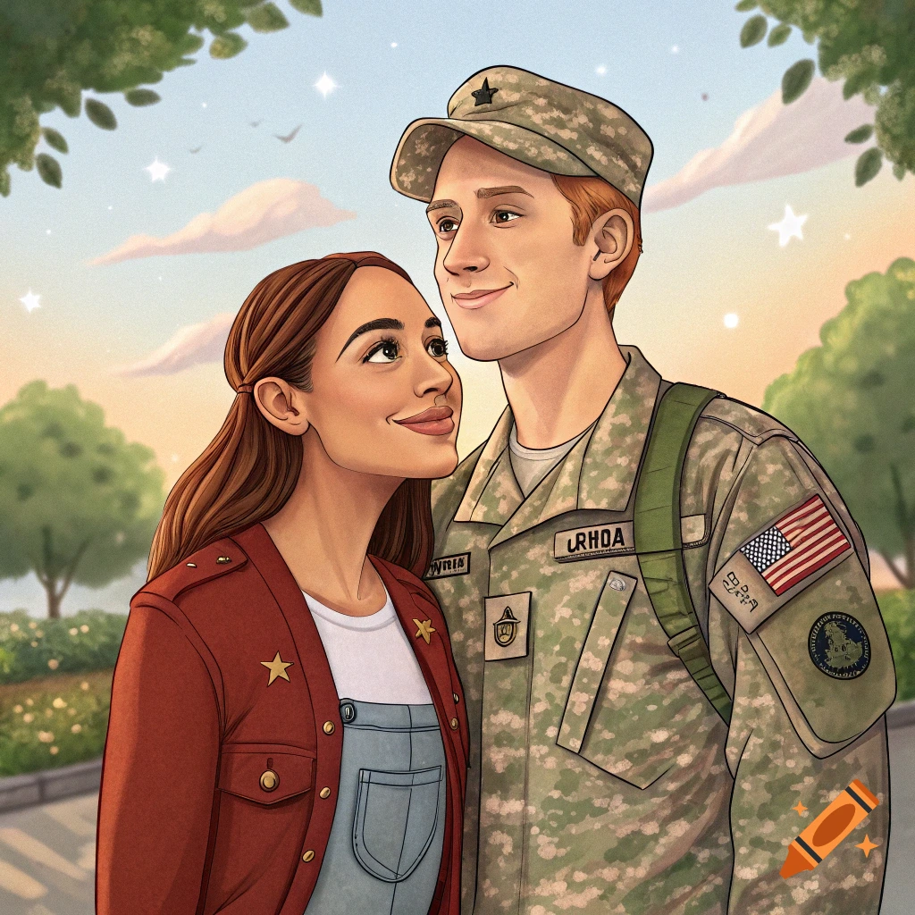 Illustration of a happy couple, a soldier in uniform and his girlfriend, in a park setting.