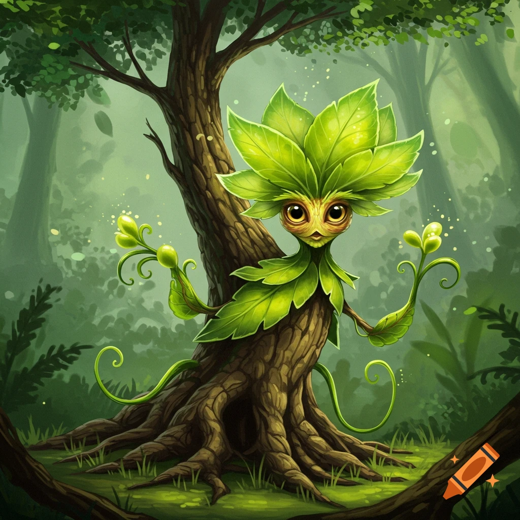 A cute leafy plant creature stands among tree roots in a forest.
