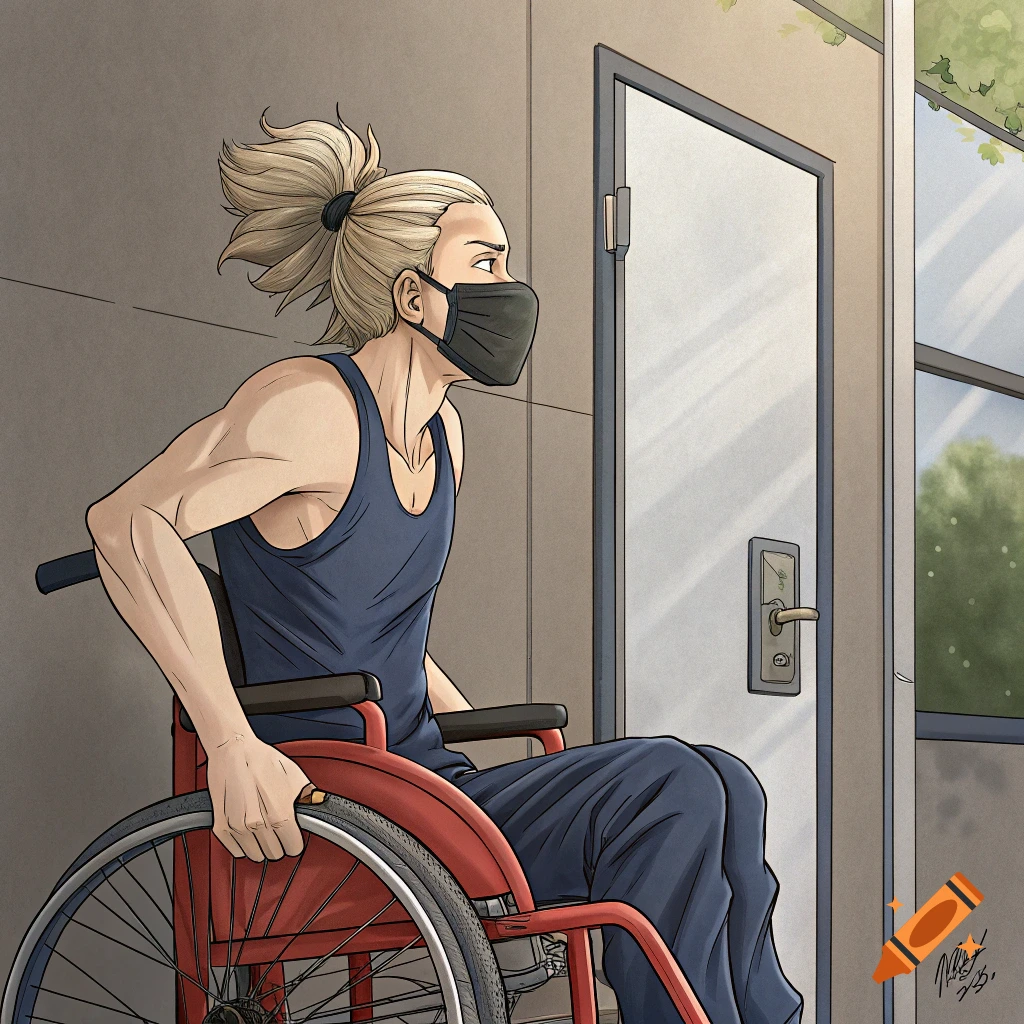 Illustration of a person in a wheelchair wearing a mask, looking out a doorway.