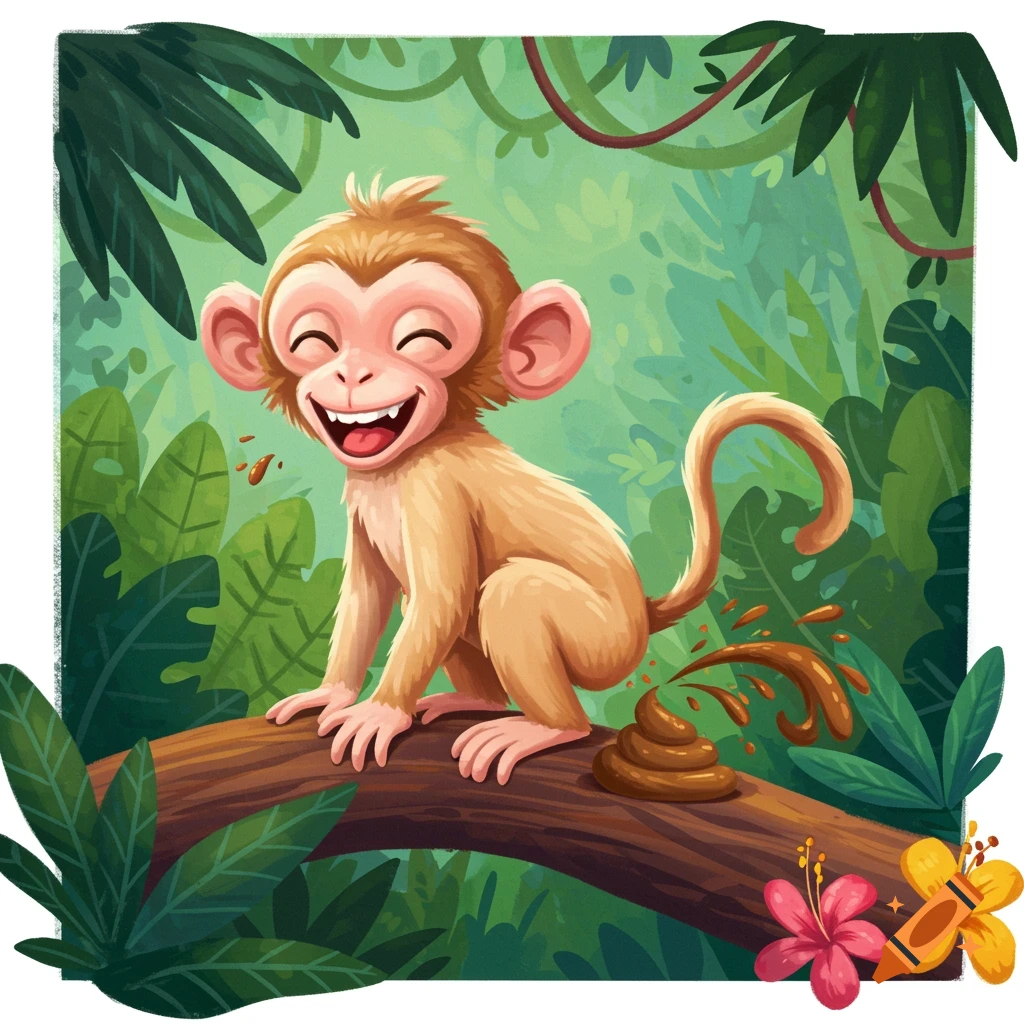 Cartoon baby monkey pooping on a branch in a jungle.