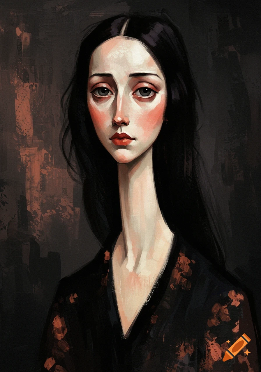 A stylized image in the style of Modigliani, depicting a woman with an elongated neck.