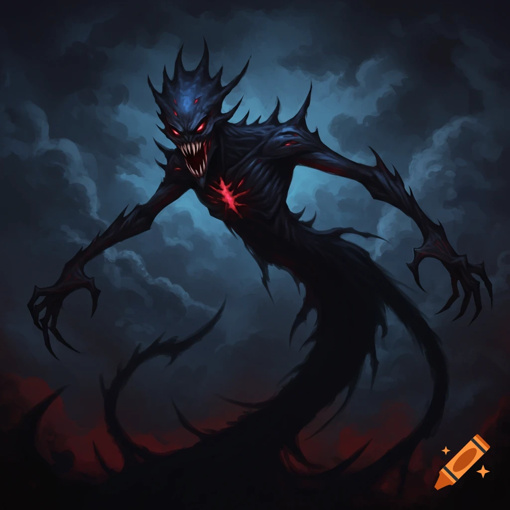 A dark, spiky monster with glowing red eyes and chest.