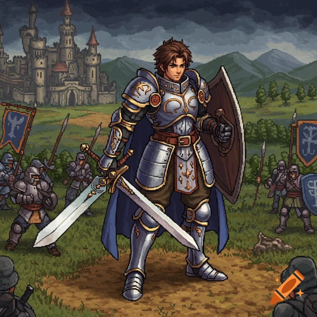 Pixel art fantasy knight in armor with a sword and shield, standing before a castle and soldiers.