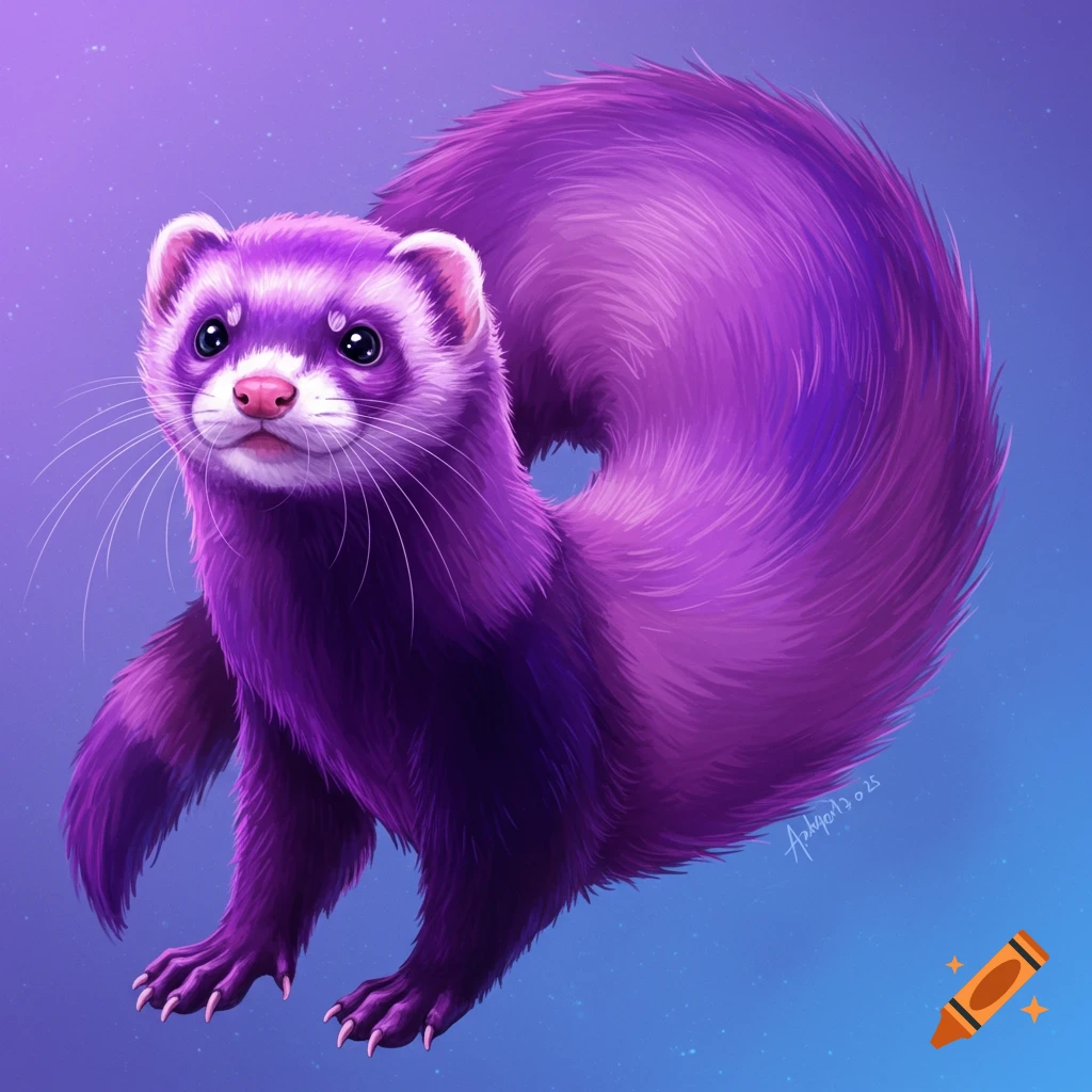 A purple ferret with a ring tail.