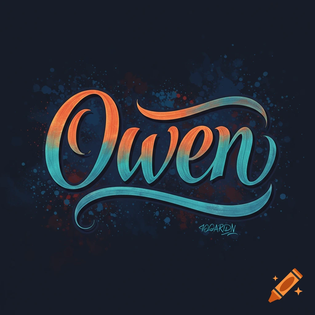 Calligraphy of the name Owen in orange and teal gradient on a dark background with paint splatters.