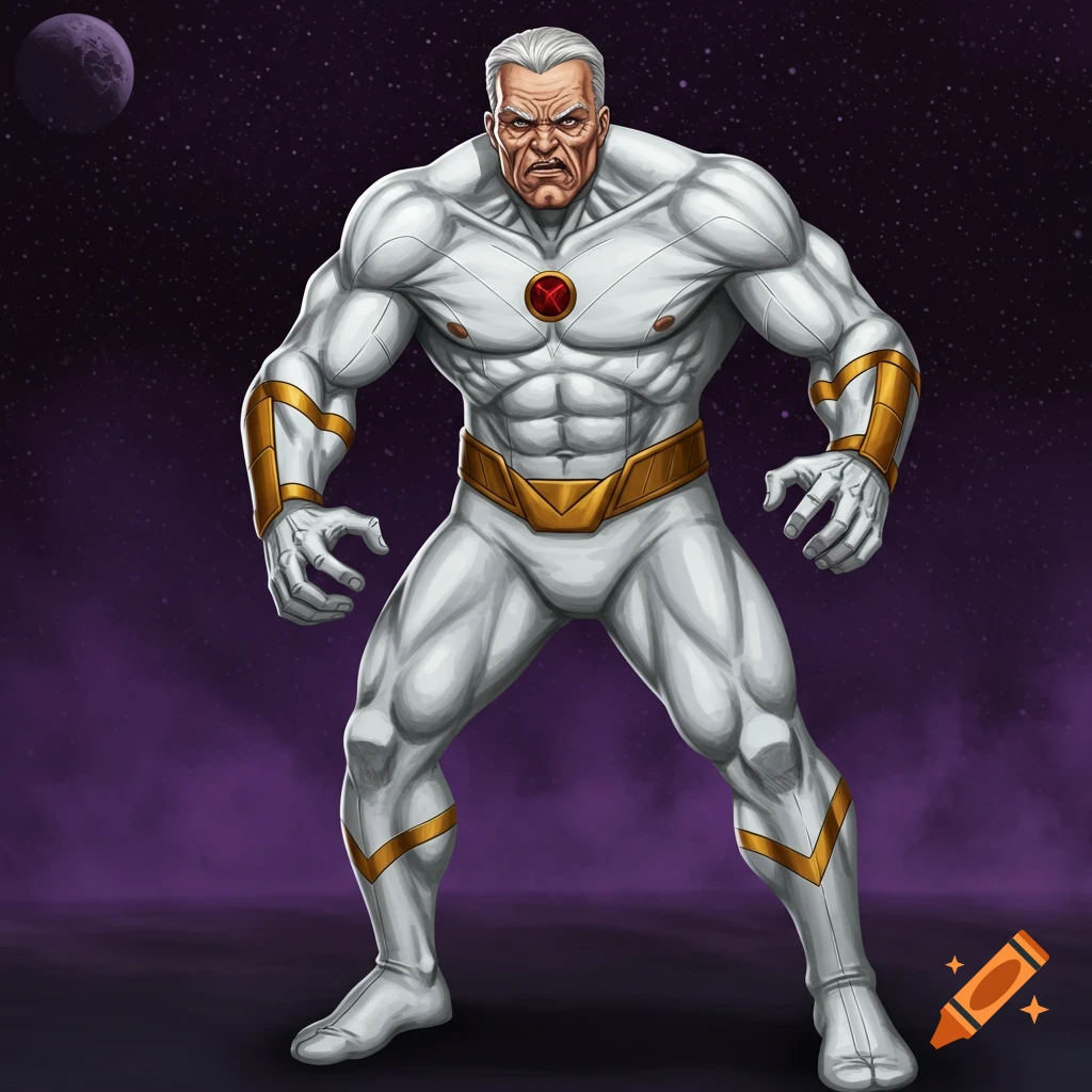 A muscular old man in a white and gold superhero costume against a starry purple background.