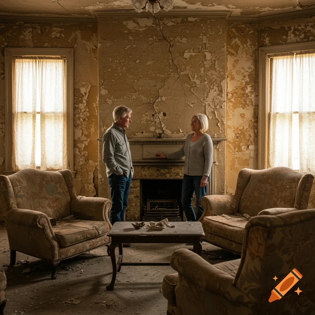 A middle-aged couple stands in a heavily damaged and peeling room with old furniture.