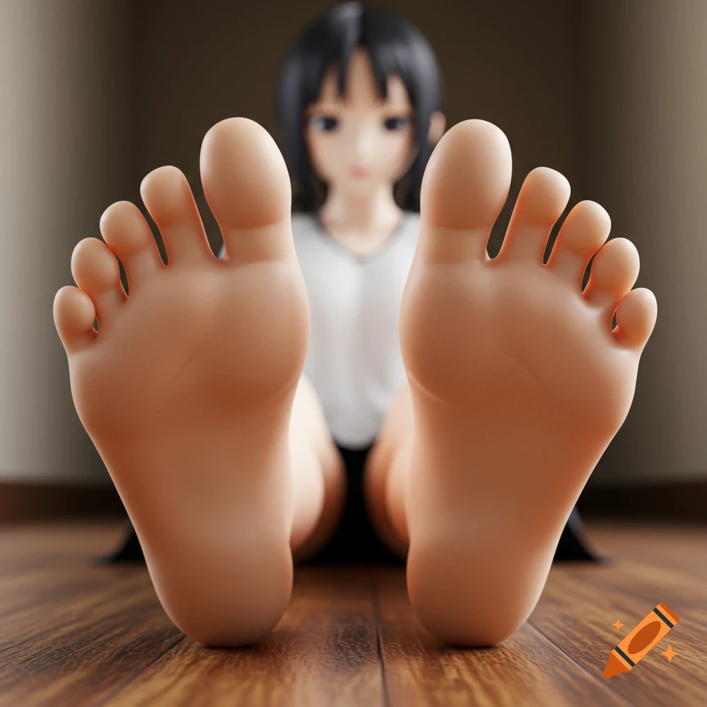 Close-up view of bare feet soles pointed towards the viewer, with an anime character sitting in the background.