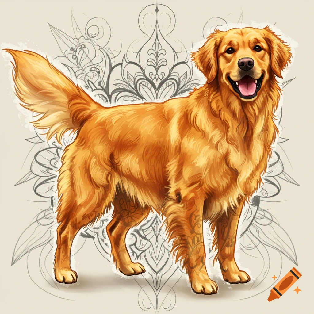 A golden retriever stands, with stylized decorative outlines in the background and on its legs.