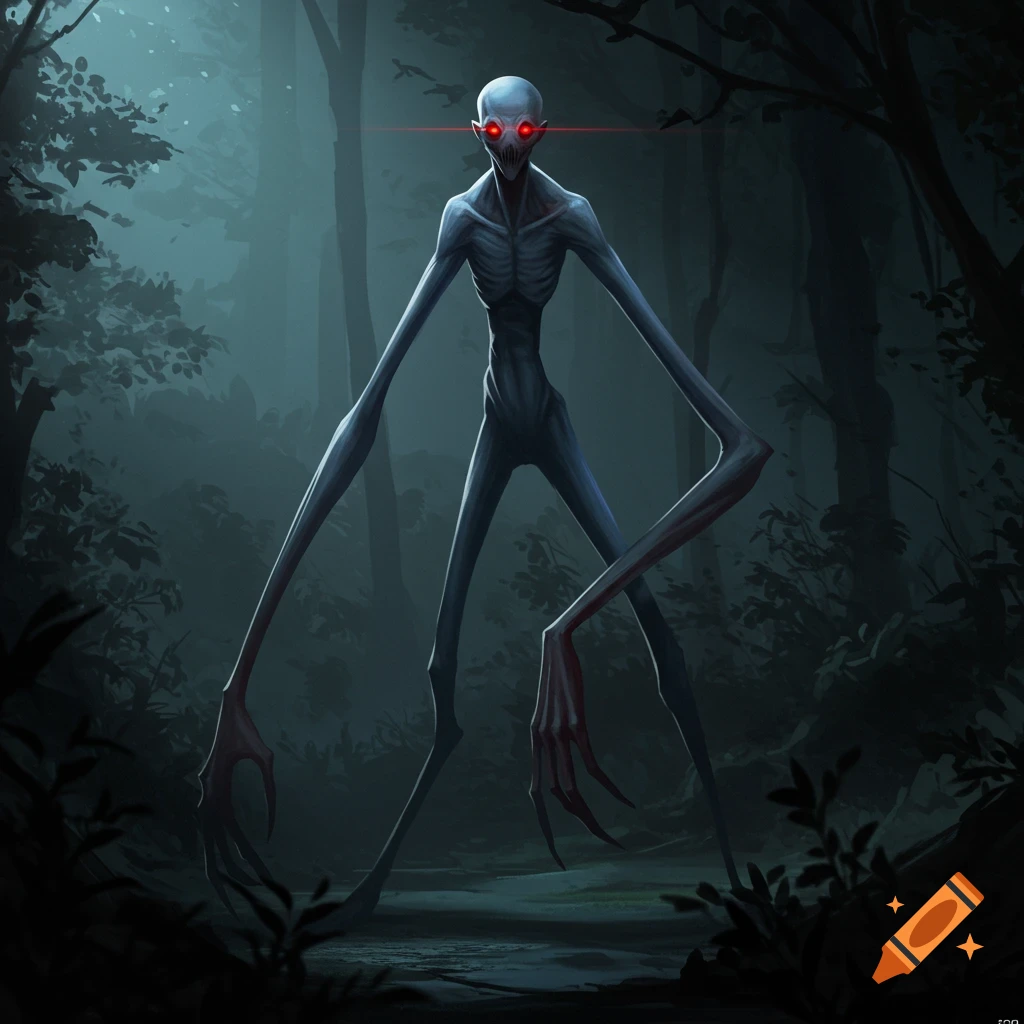 A tall, thin creature with glowing red eyes stands in a dark forest.