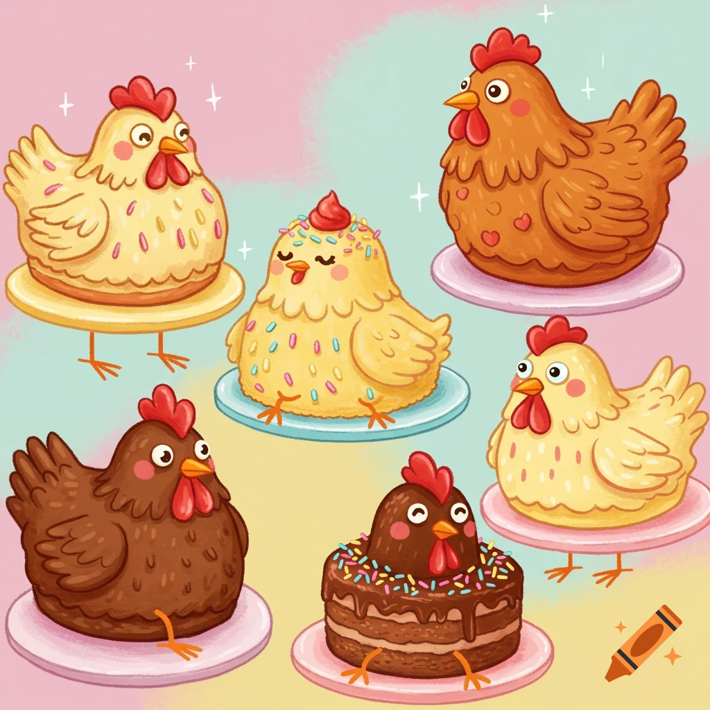 Six cute chicken-shaped cakes are on plates with a colorful background.