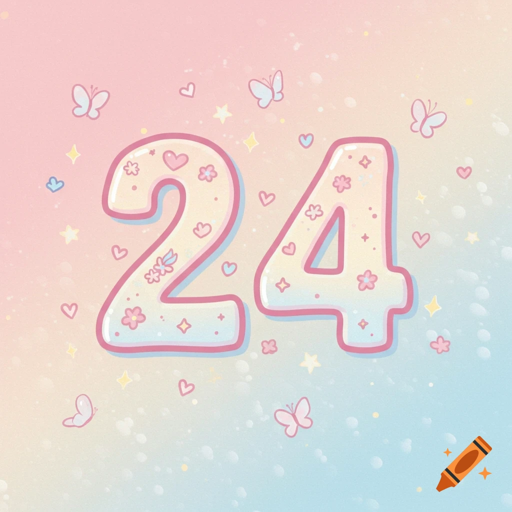 A large number 24 in pastel pink and blue, decorated with hearts, stars, flowers, and butterflies.