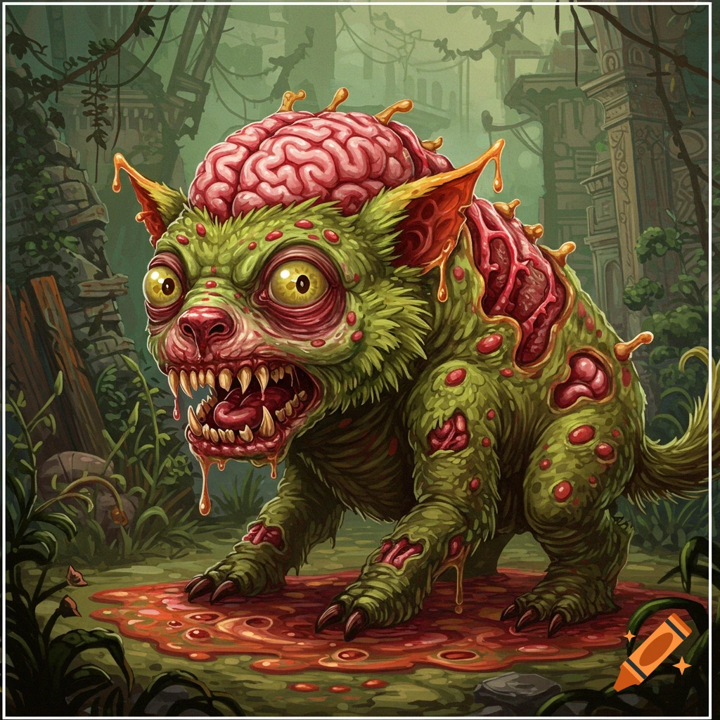 A grotesque zombie-like creature with exposed brain stands in a swampy ruin.