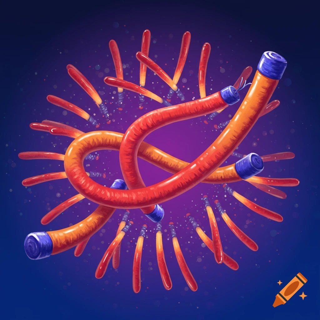 Glowing red and orange elastic tubes with blue tips twisting against a dark purple background.