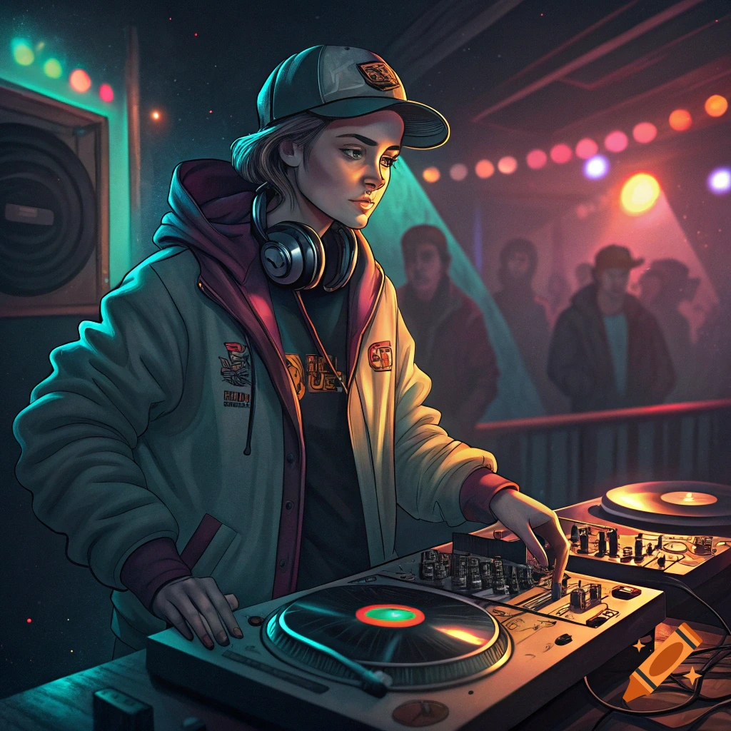 A person wearing a cap and headphones DJs on turntables in a club with colorful lights.