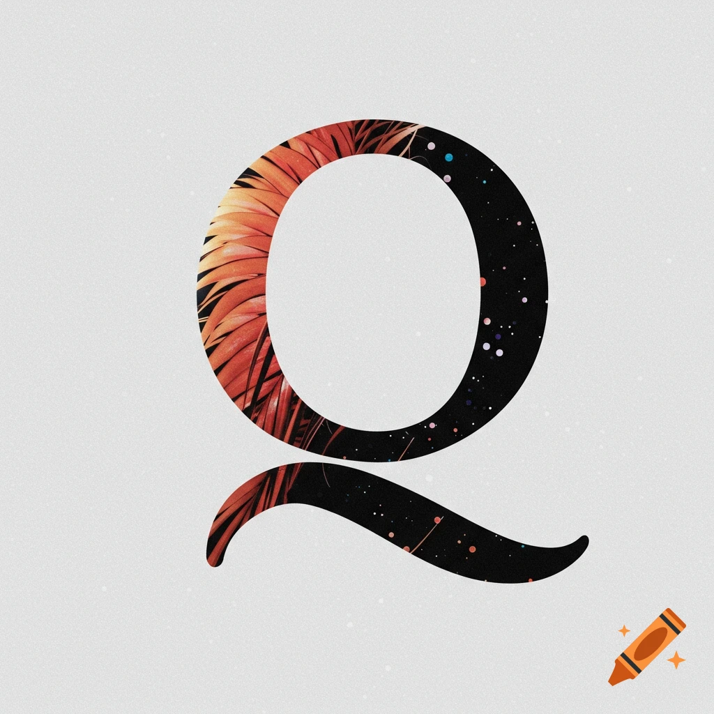 A stylized letter Q. One half is orange and textured like leaves or feathers, the other half is black with stars. 