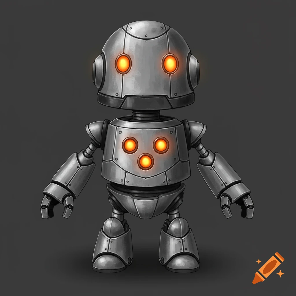 A small silver robot with glowing orange eyes and chest lights stands on a dark background.