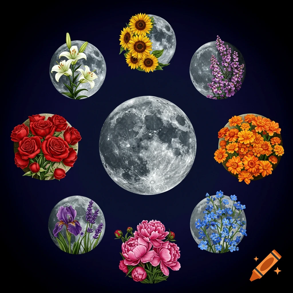 A large central moon surrounded by smaller moons, each containing different flowers like roses, lilies, sunflowers, lavender, irises, peonies, and forget-me-nots.
