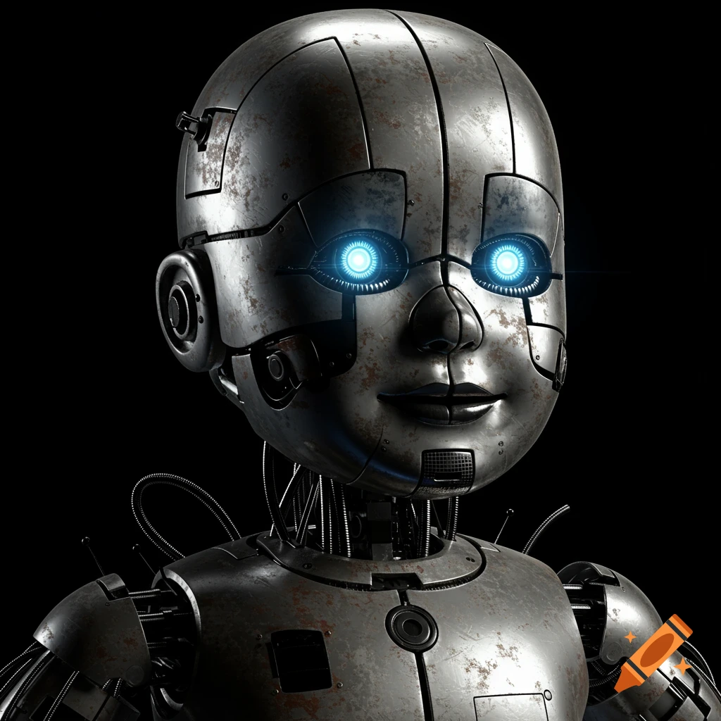 Close-up of a rusty metal robot head with glowing blue eyes.