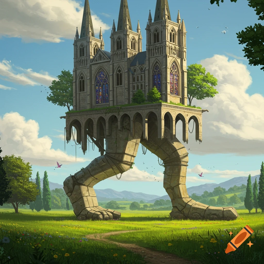 A large stone cathedral walks on giant stone legs across a grassy field under a cloudy sky.