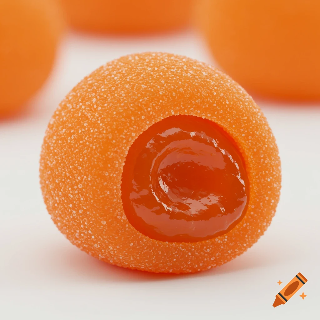 Macro close-up of an orange gummy candy filled with jam and coated in sugar.