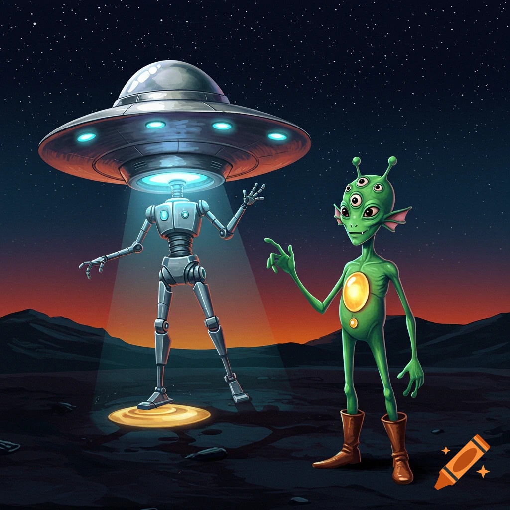 Stylized illustration of a three-eyed green alien next to a robot under a UFO beam at night.