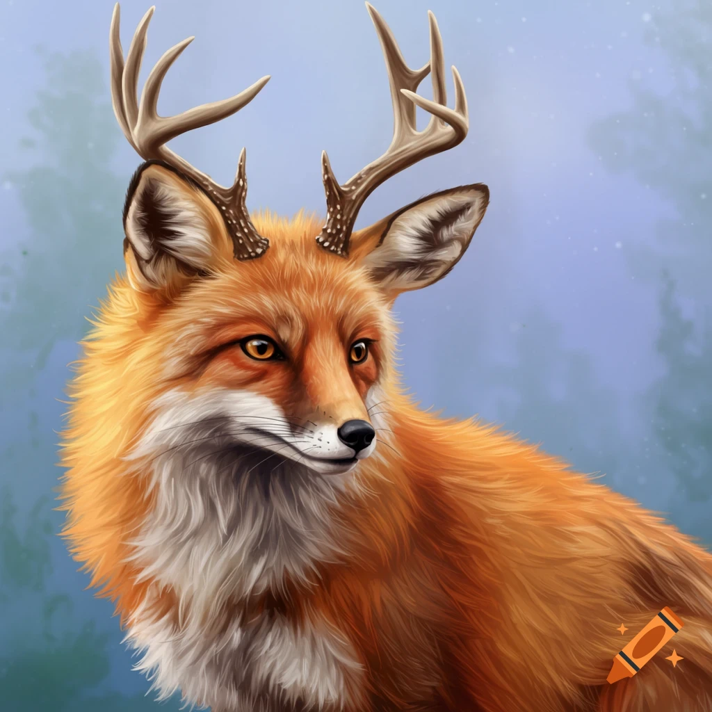 A fox with deer antlers and spotted deer fuzz on its forehead, looking right against a blue background.