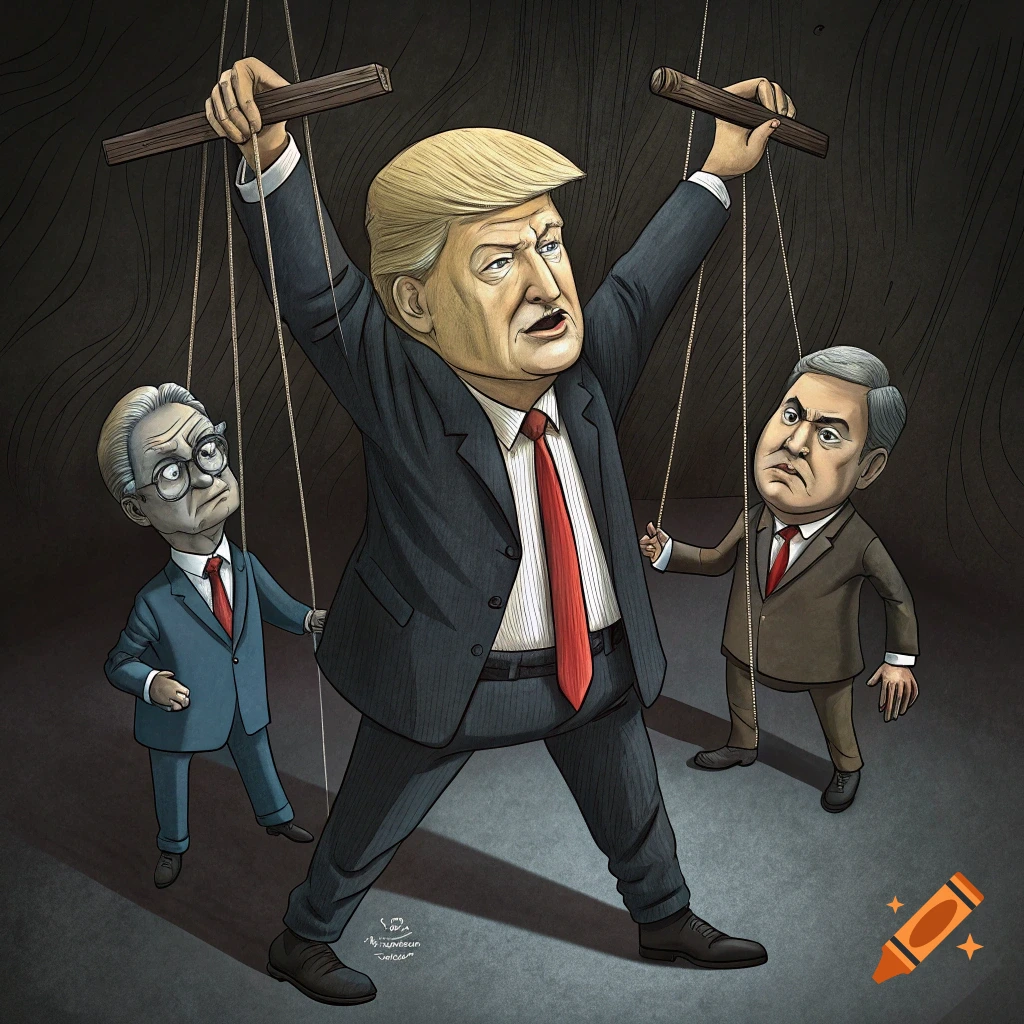Illustration of Donald Trump as a puppet master controlling two smaller male figures on strings.