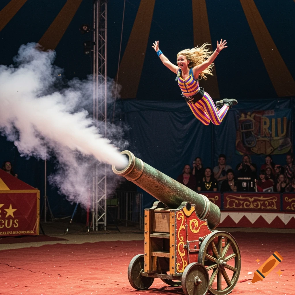 A circus performer is shot from a cannon with smoke billowing. An audience watches in the background.