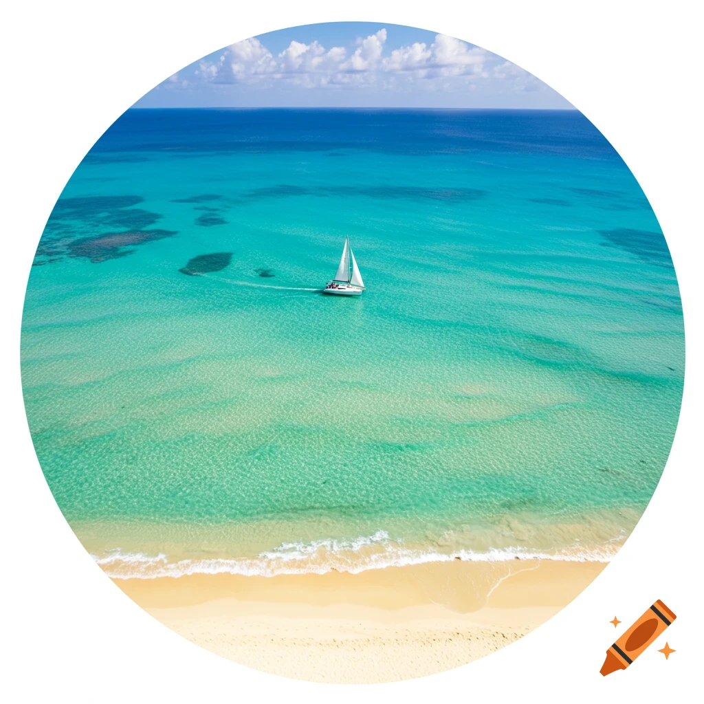 A sailboat on turquoise water near a sandy beach, framed in a circle