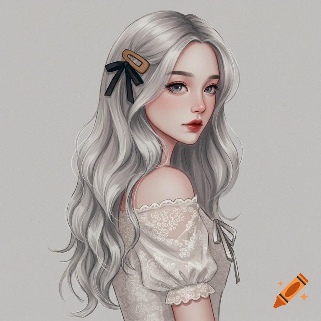 A portrait of a young woman with long gray hair and a lacy white off-the-shoulder dress.
