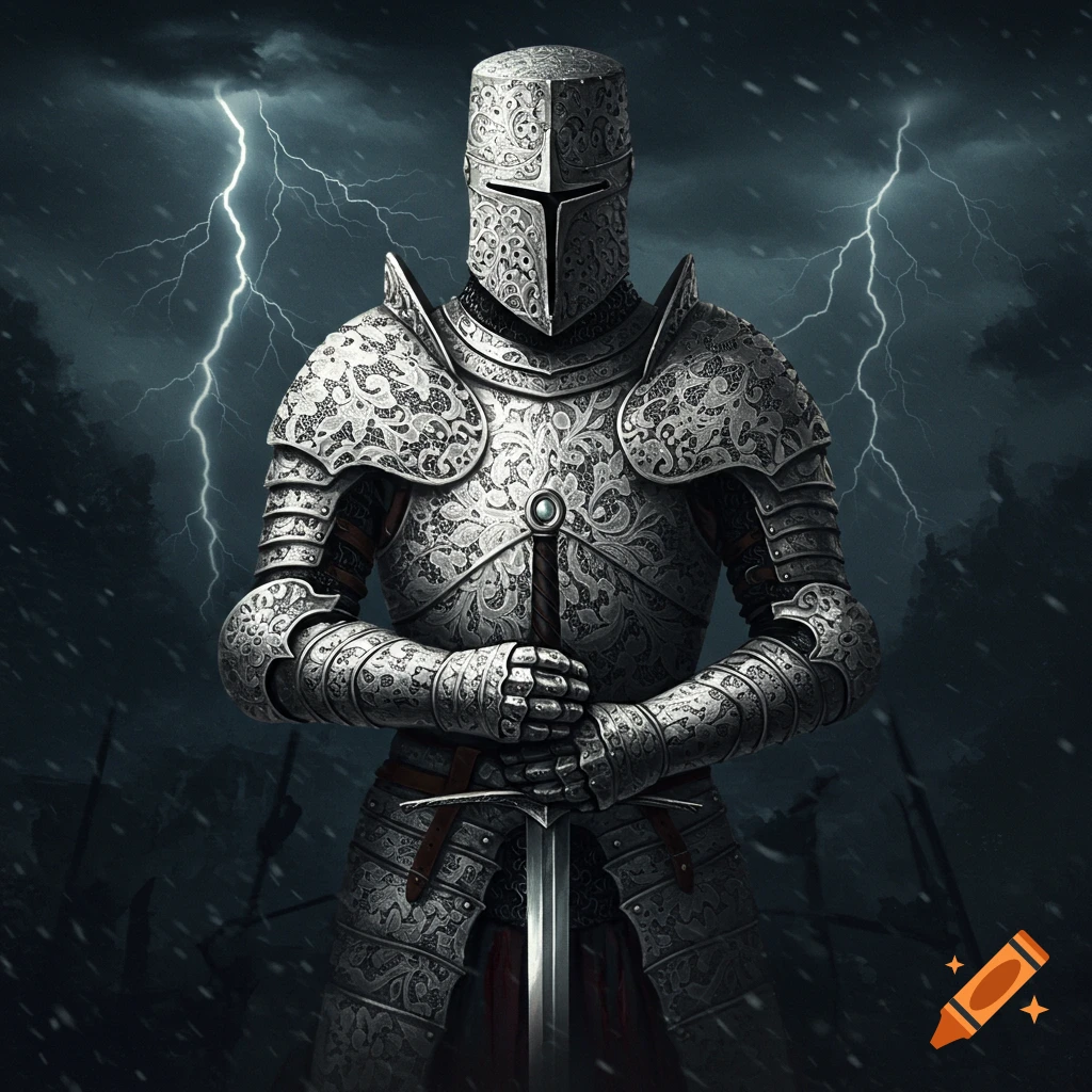 A medieval knight in ornate armor stands holding a sword amidst a lightning storm.