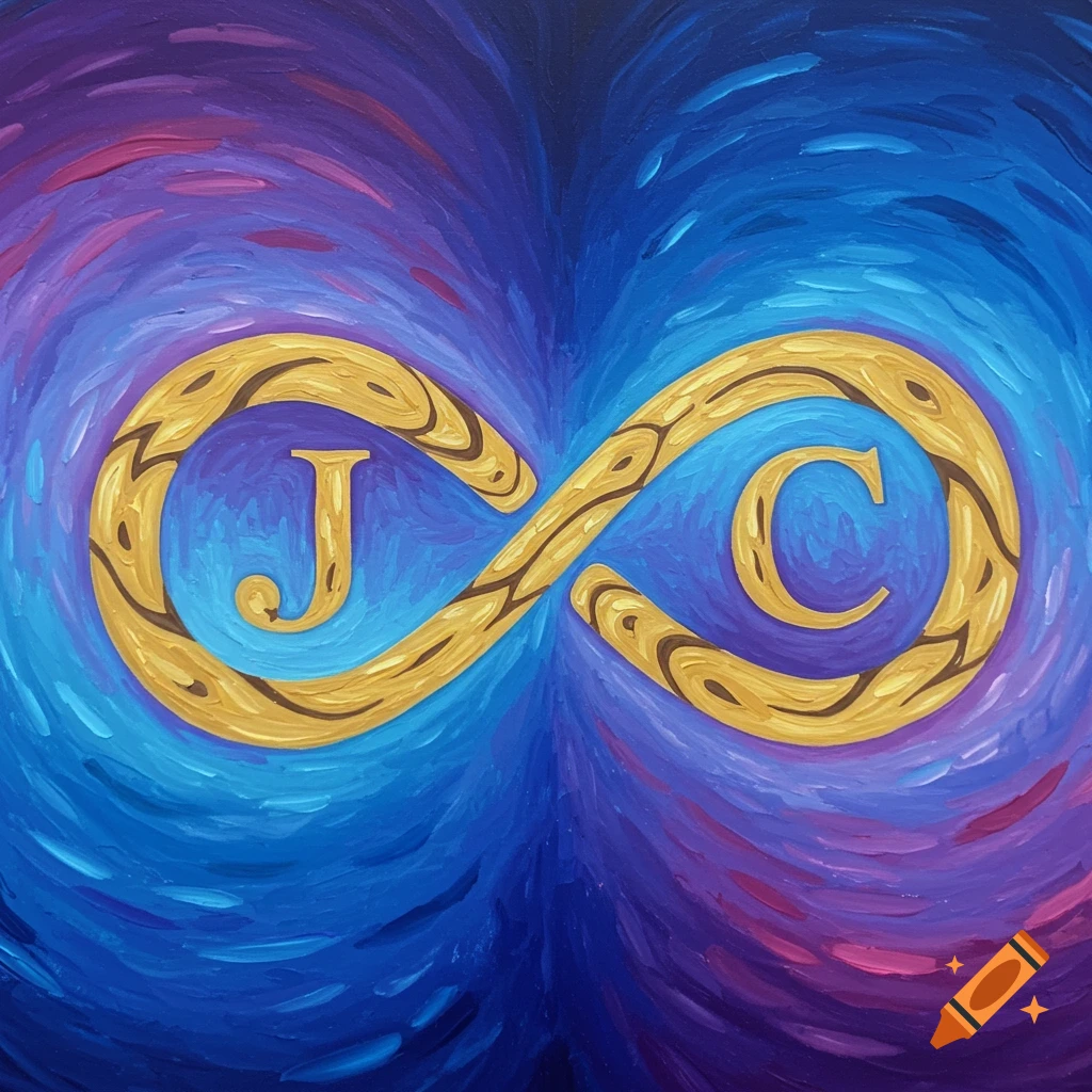 A gold infinity symbol with letters J and C on a swirling blue and purple background.