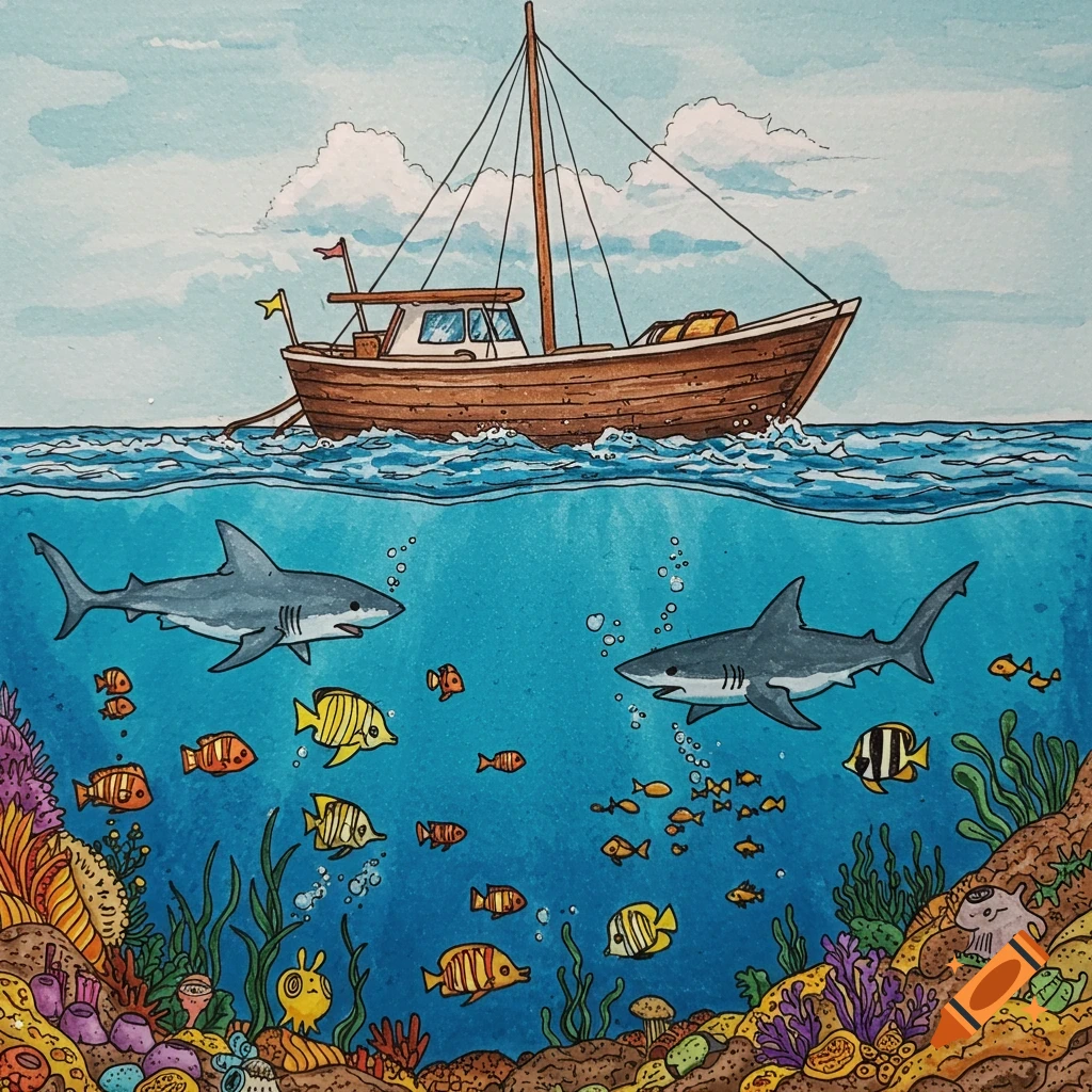 Sharpie art illustration of the ocean with a boat above and sharks, fish, and coral below.