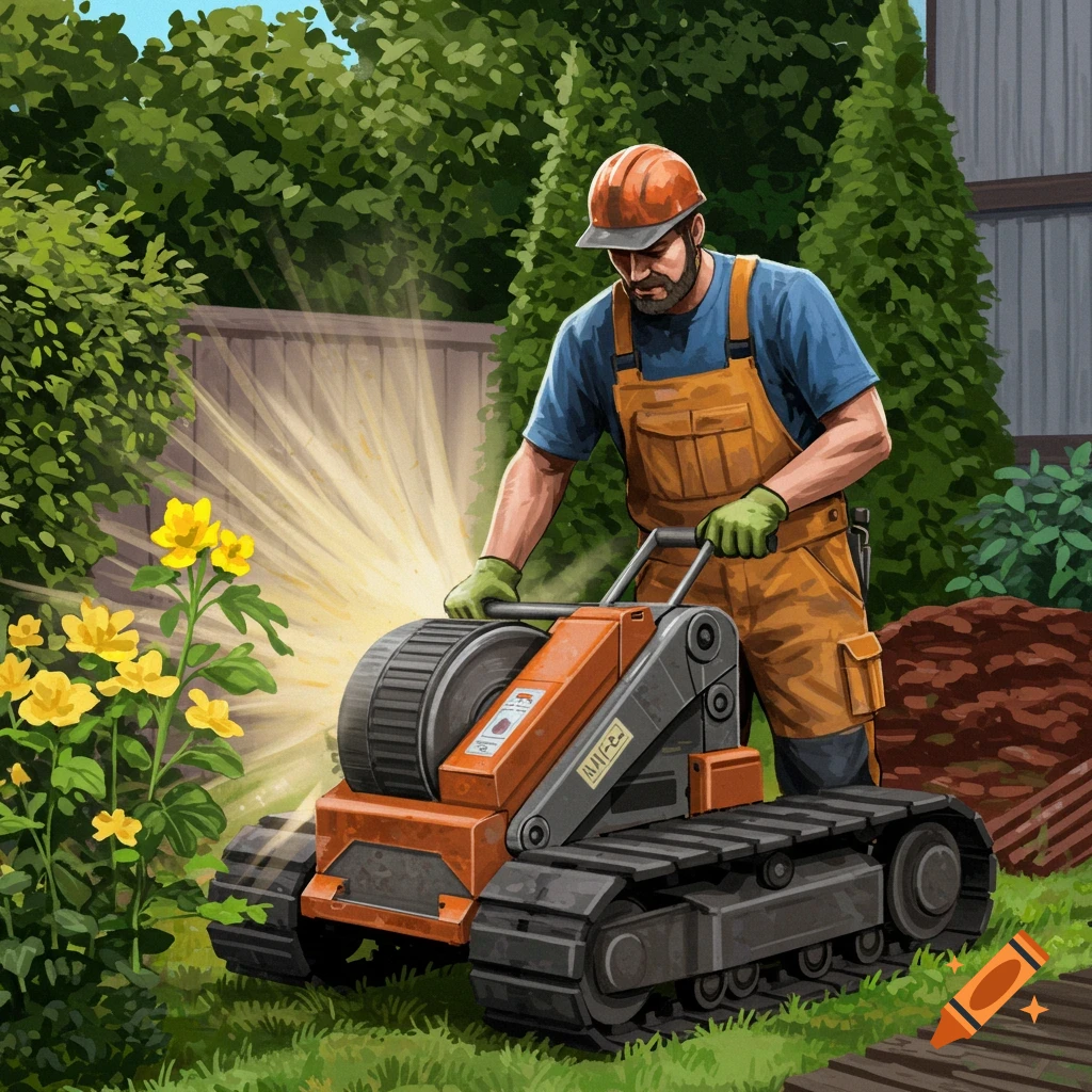 Man in garden uses tracked machine with sparks.