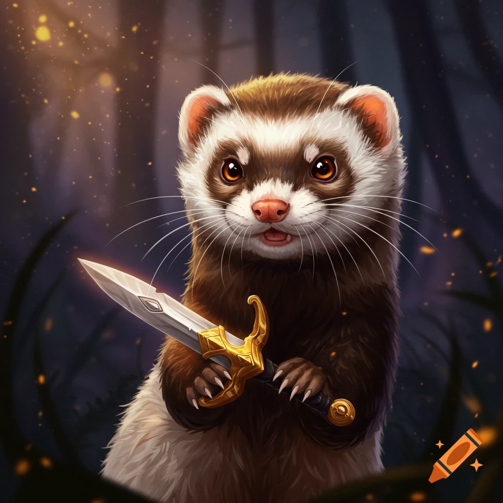 A cute ferret holding a large sword in a forest.
