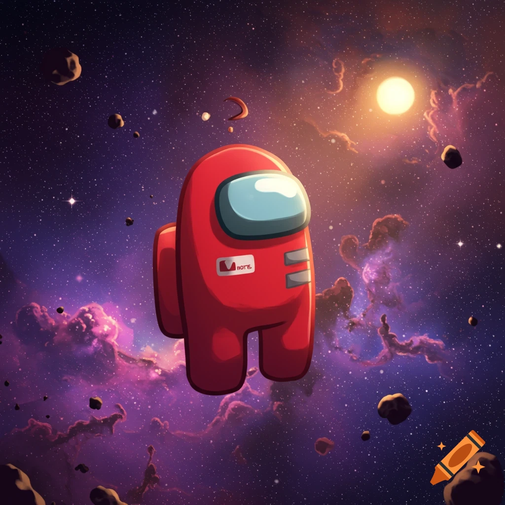 A red Among Us character floats in space with nebulas and asteroids.
