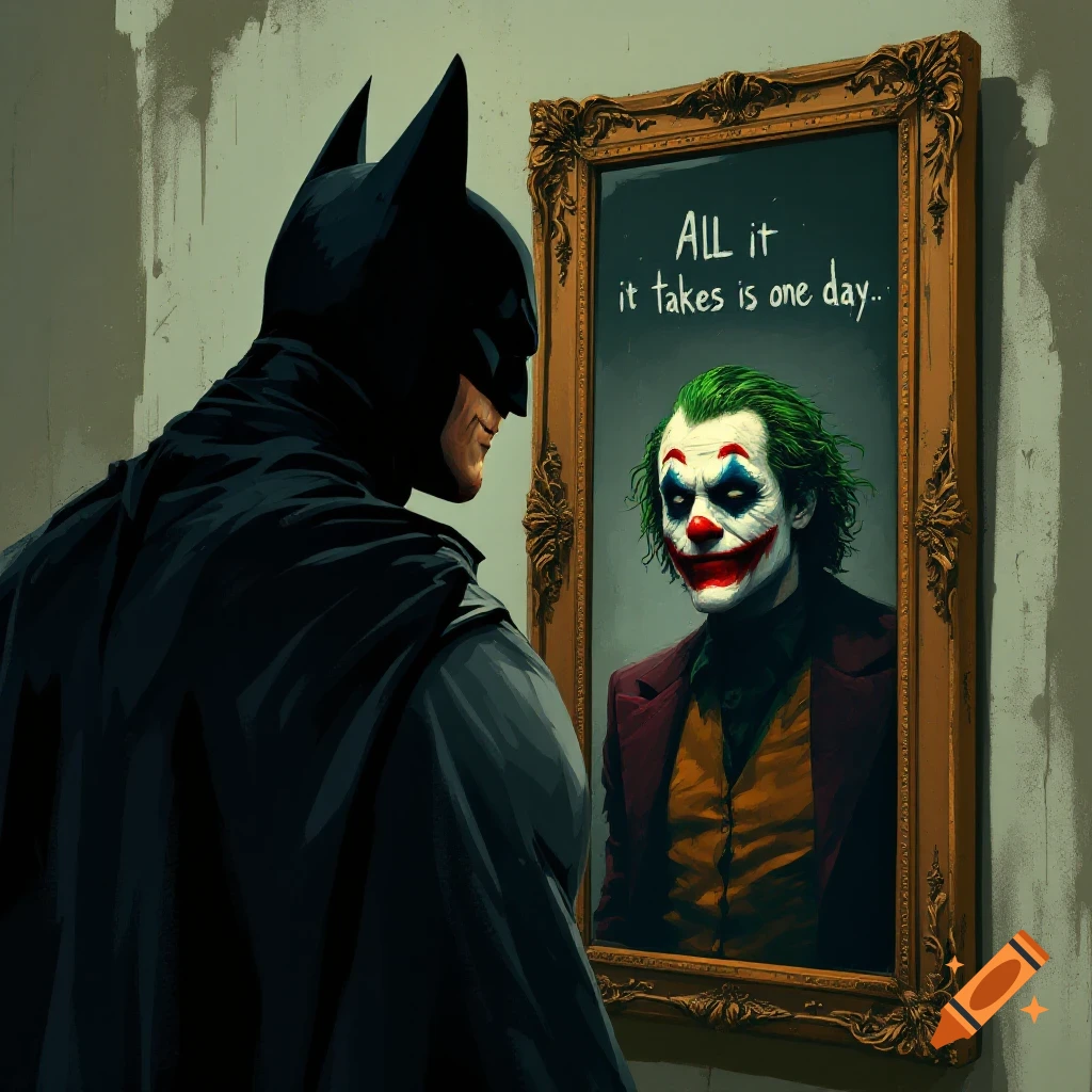 Batman stands looking into a mirror that reflects the Joker with text above.