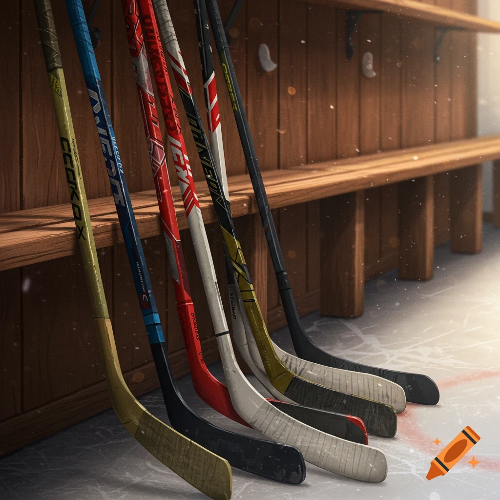 Hockey sticks leaning against a wooden bench in a locker room.