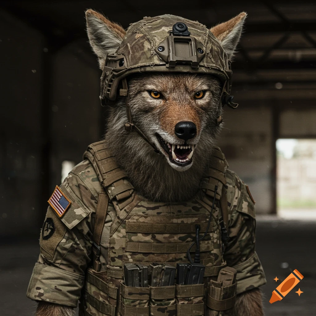 Photorealistic portrait of a mean-looking coyote wearing military tactical gear and helmet.