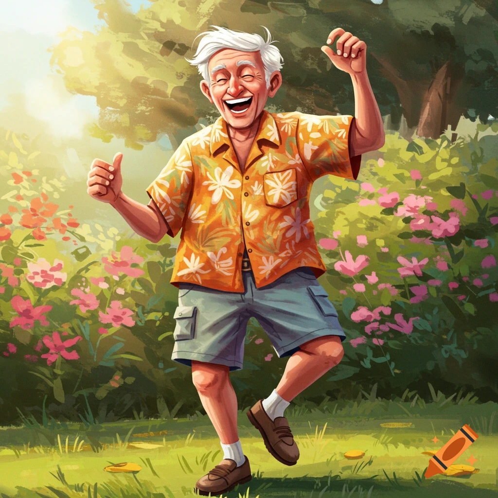 A joyful old man dancing in a lush garden.
