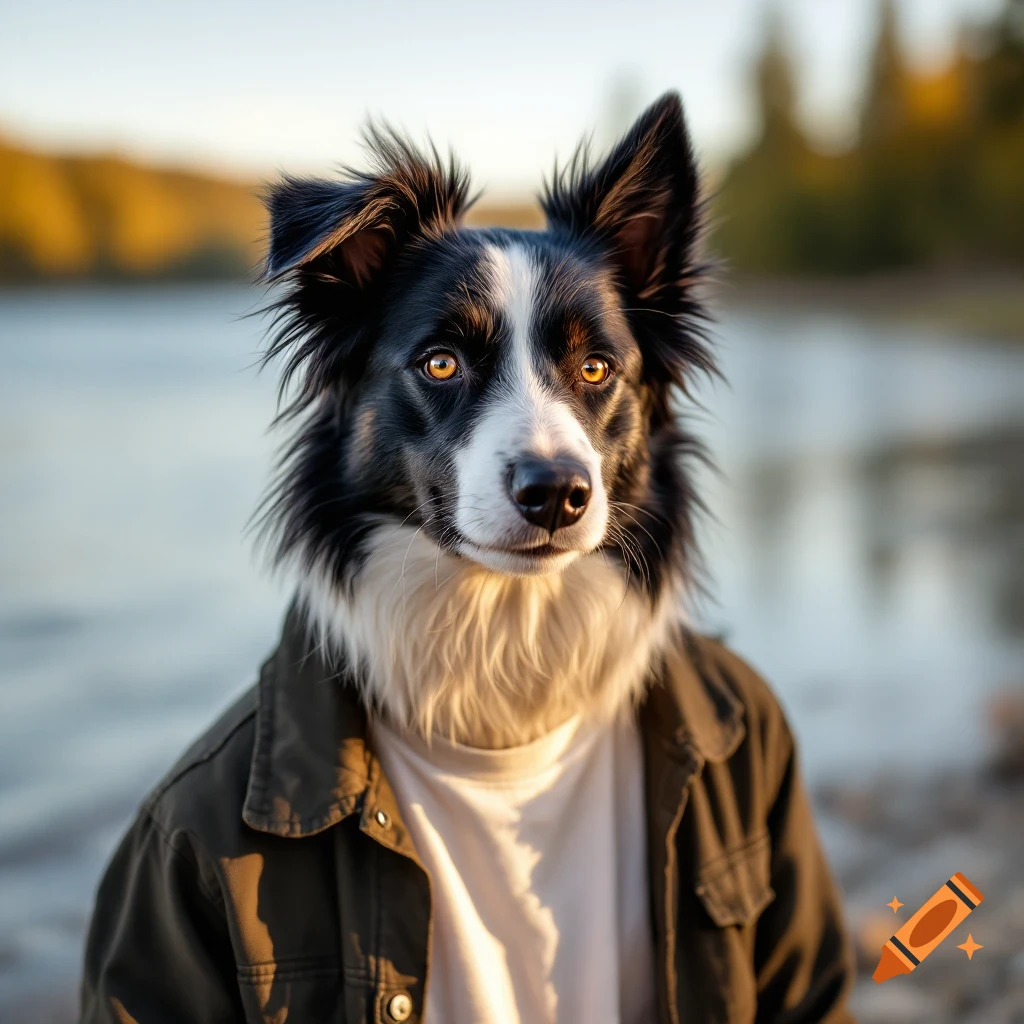 Portrait of a person with a Border Collie head wearing a jacket by a lake.