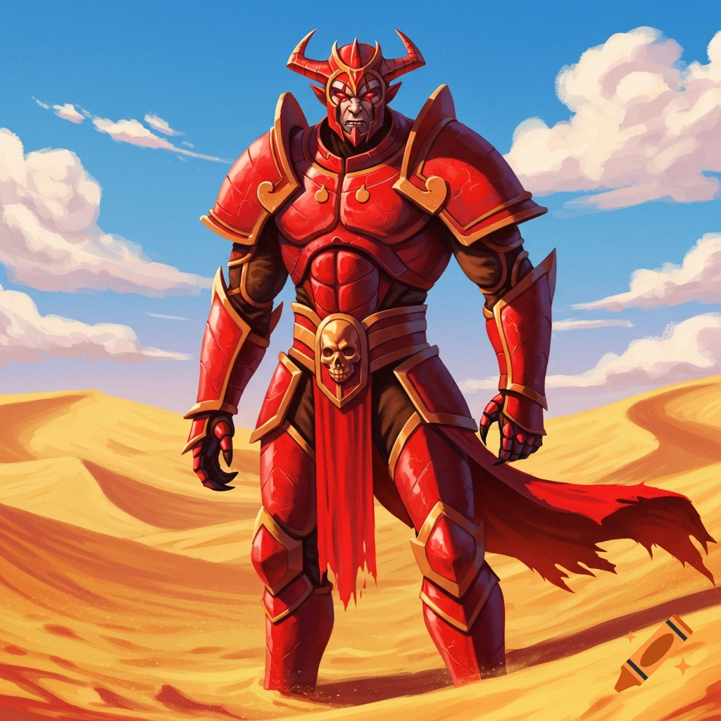 A fantasy warrior with red armor, horns, and a skull emblem standing in a desert.