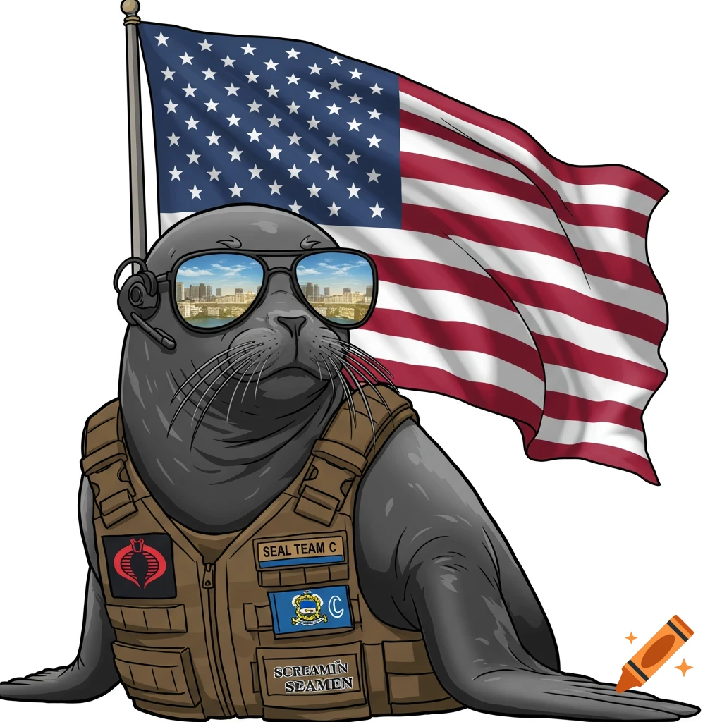 A cartoon seal wearing aviator sunglasses, a tactical vest with patches, and an earpiece stands in front of a waving American flag.