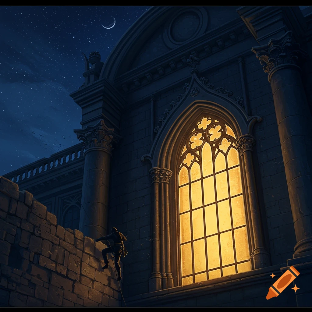 A person climbs the stone wall of a grand palace or cathedral towards a large glowing window at night under a crescent moon.