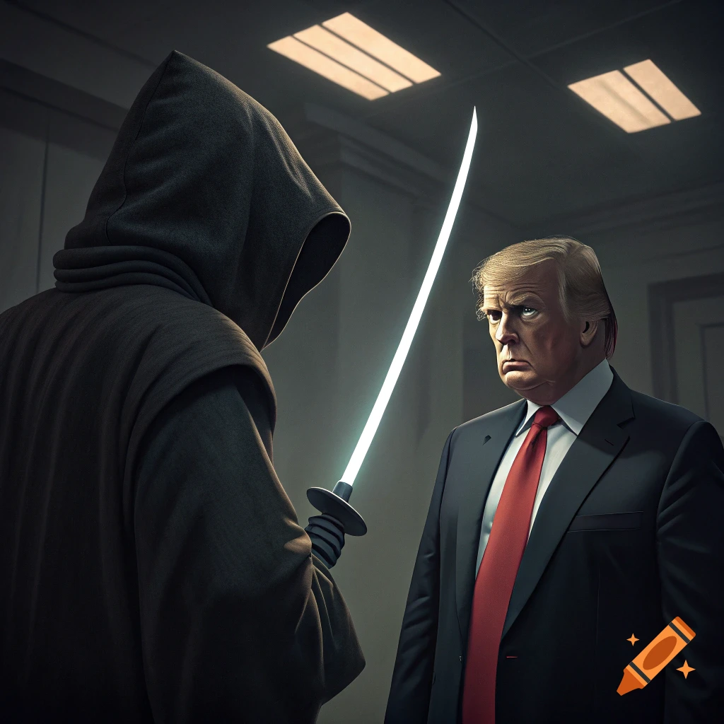 Hooded figure with glowing sword faces person resembling Trump in a room.