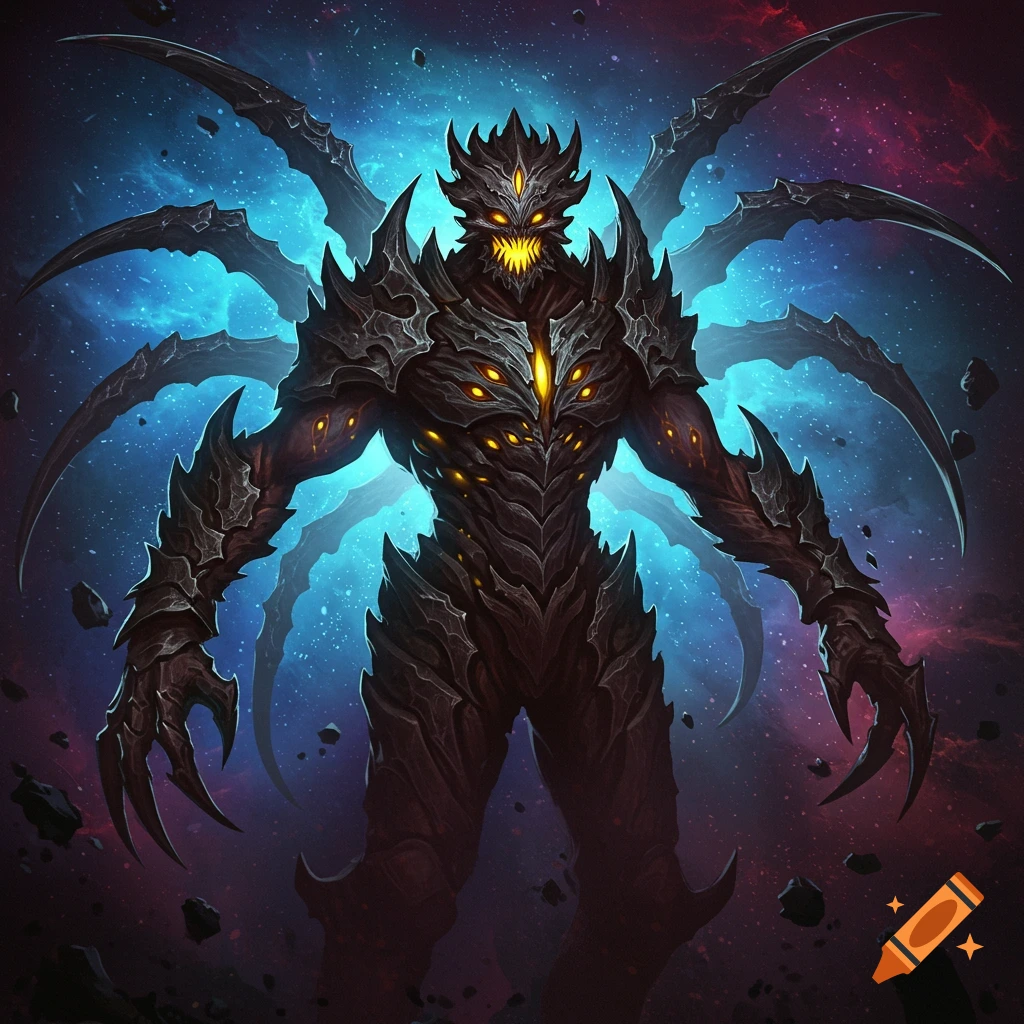 A fierce, dark fantasy creature with glowing eyes and spikes stands against a space nebula.