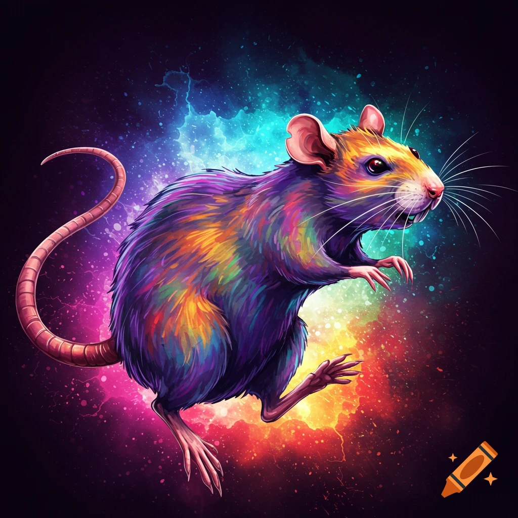 A rat with rainbow fur against a colorful space background.
