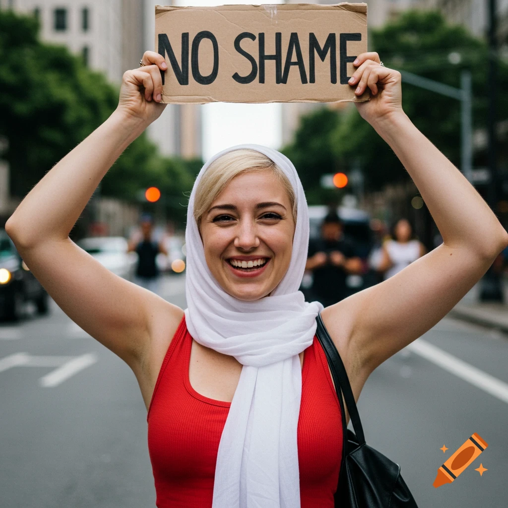 Smiling woman in white hijab and red top holds 'NO SHAME' sign in city street.