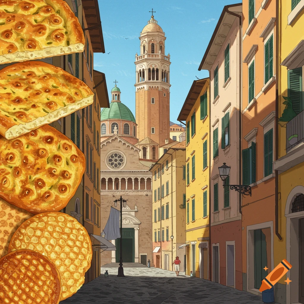 Italian street scene with a tall tower and buildings, with focaccia-like bread in the foreground.